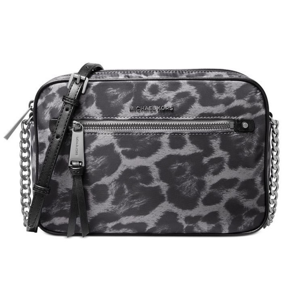 Michael Kors Leopard Polly Large East West‎ Chain Strap Crossbody Black Nylon